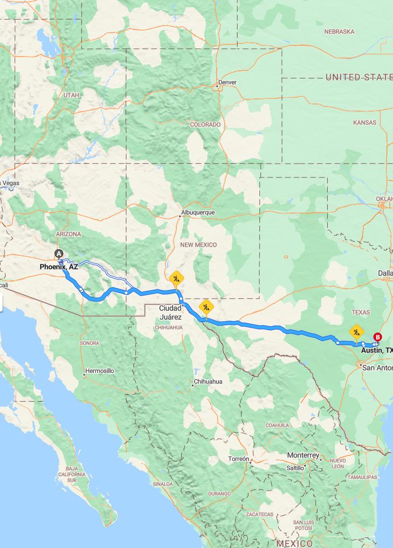 driving from Phoenix, Arizona to AustinTexas - map and route