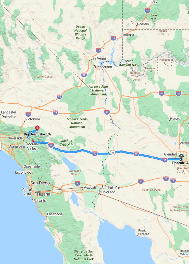 driving from Phoenix, Arizona to Big BearCalifornia - map and route