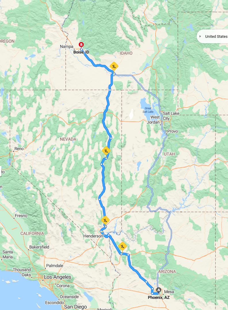 driving from Phoenix, Arizona to BoiseIdaho - map and route