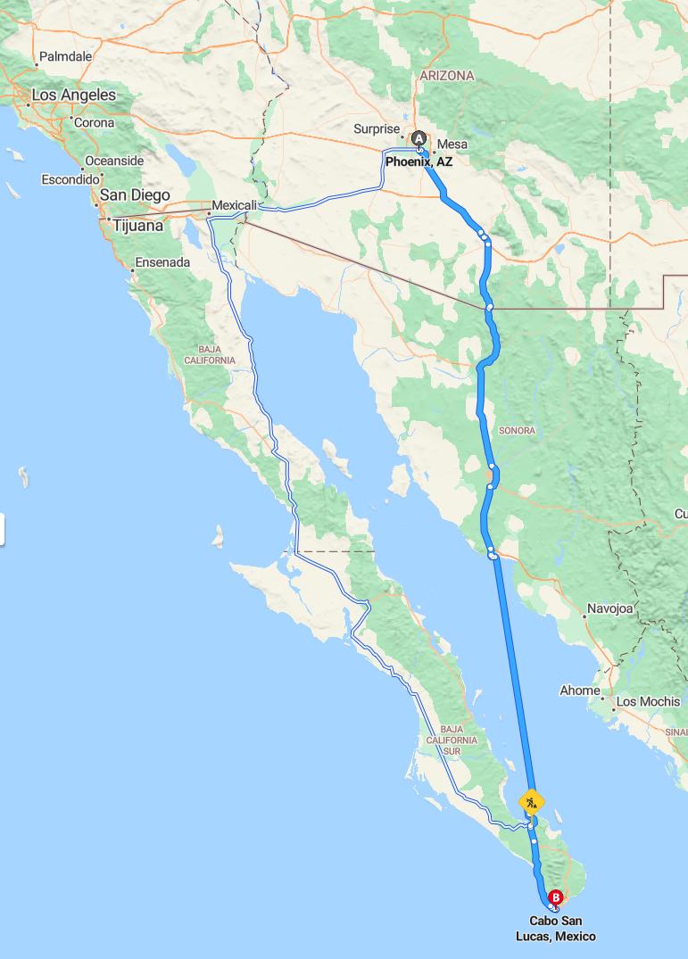 driving from Phoenix, Arizona to Cabo San LucasBaja California Sur - map and route