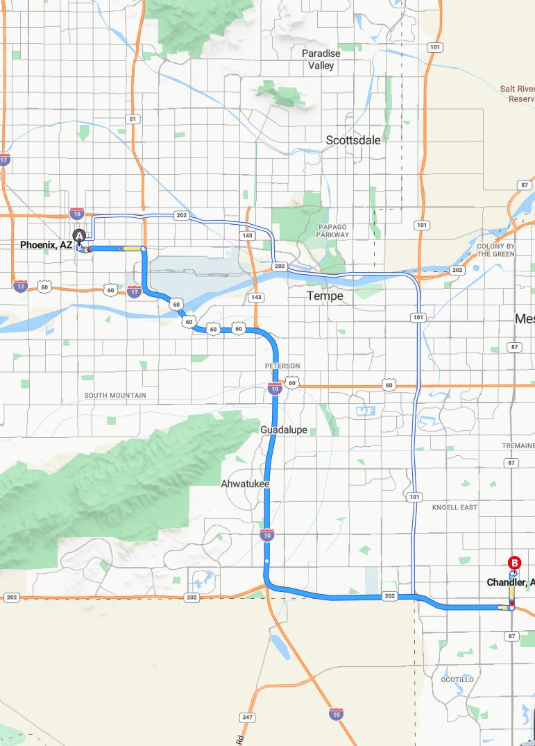 driving from Phoenix, Arizona to ChandlerArizona - map and route
