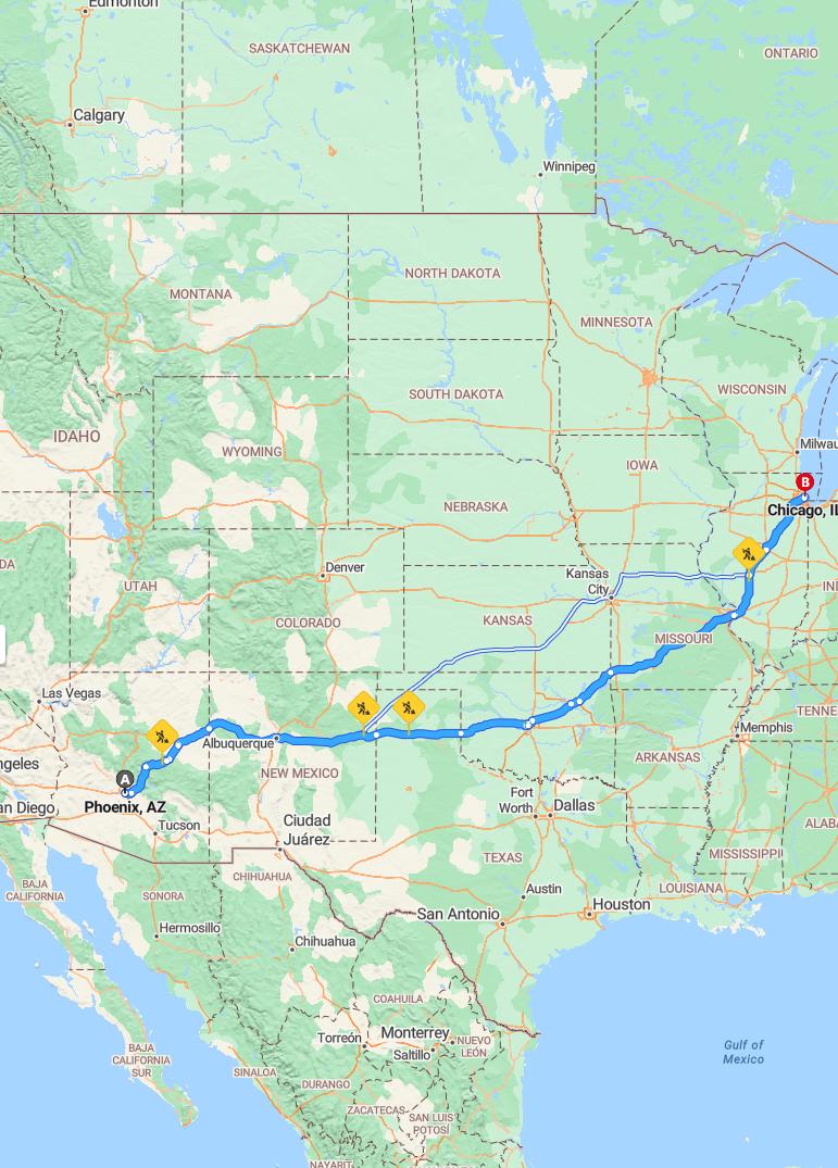 driving from Phoenix, Arizona to ChicagoIllinois - map and route