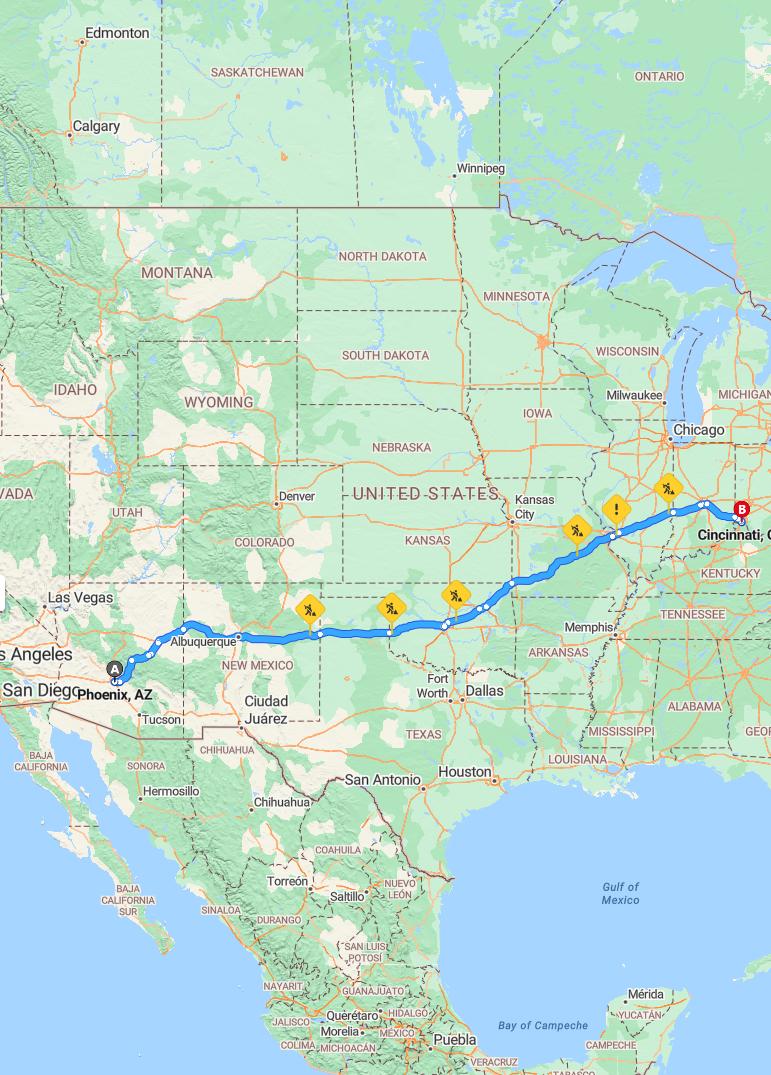 driving from Phoenix, Arizona to CincinnatiOhio - map and route