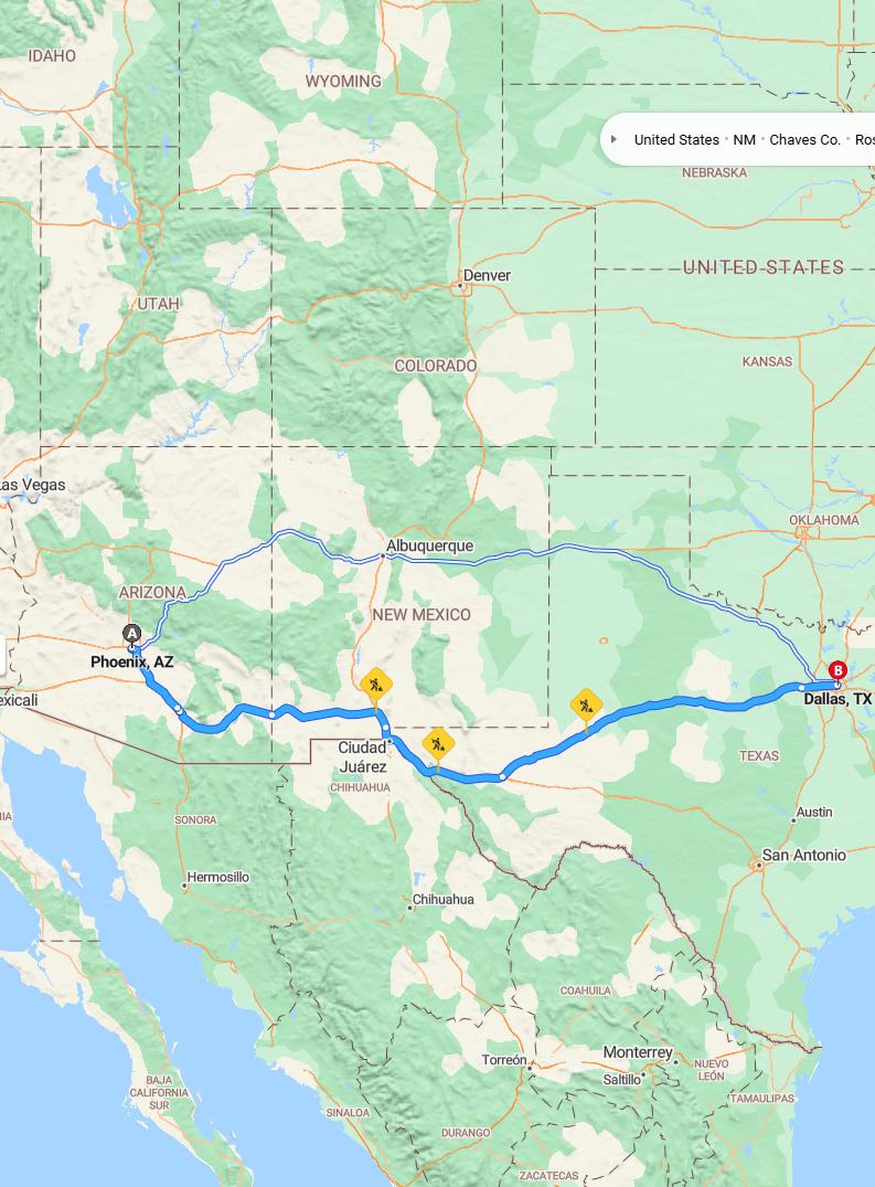 driving from Phoenix, Arizona to DallasTexas - map and route
