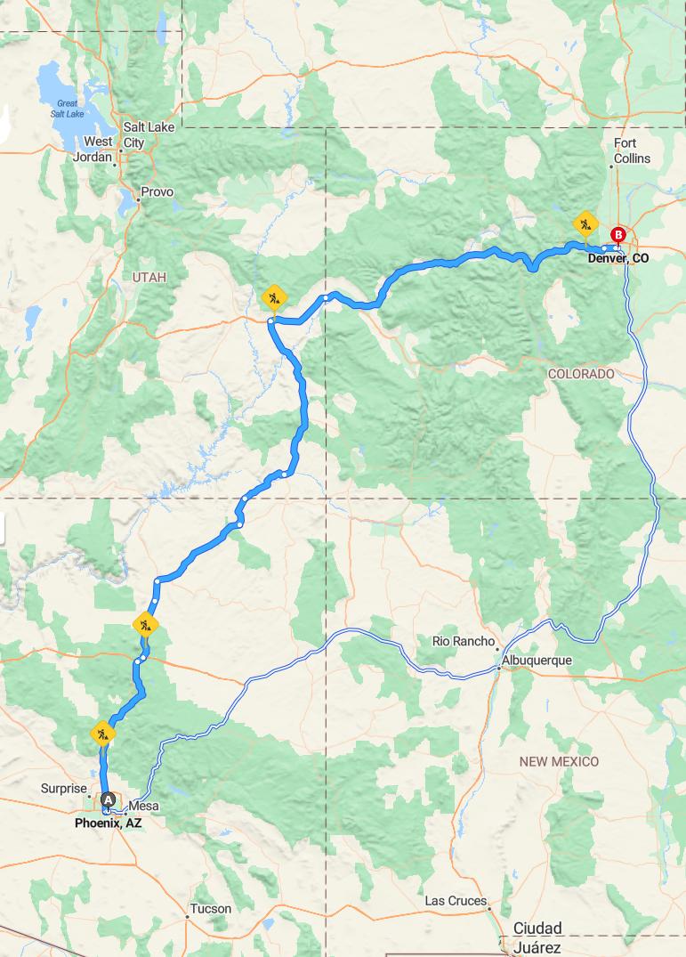 driving from Phoenix, Arizona to DenverColorado - map and route