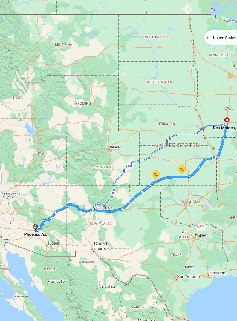 driving from Phoenix, Arizona to Des MoinesIowa - map and route