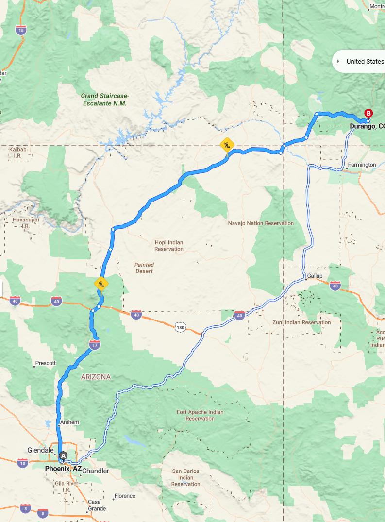 driving from Phoenix, Arizona to DurangoColorado - map and route
