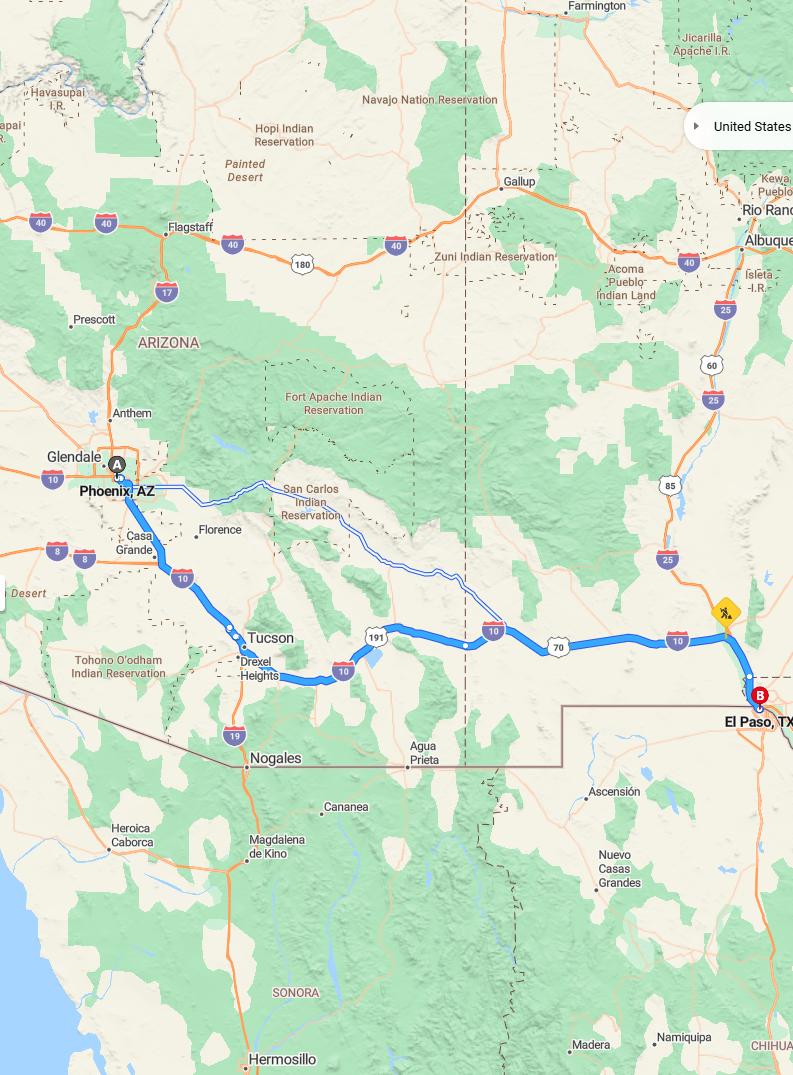 driving from Phoenix, Arizona to El PasoTexas - map and route
