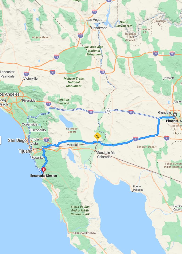 driving from Phoenix, Arizona to EnsenadaBaja California - map and route