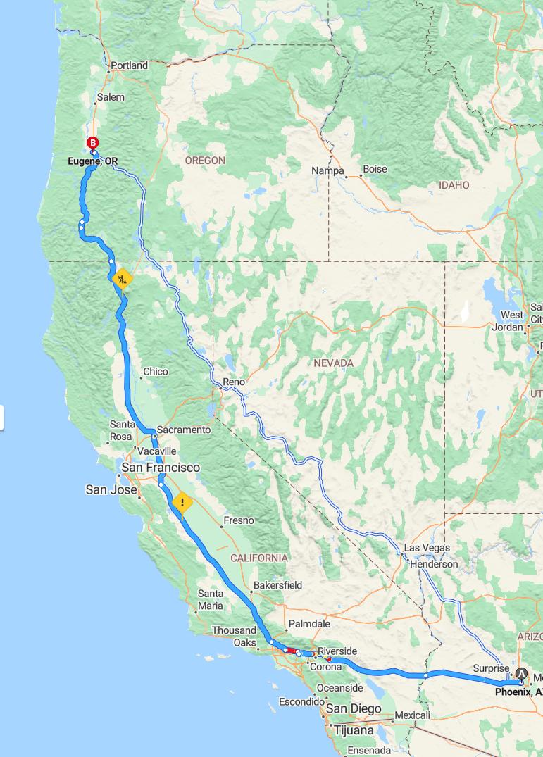 driving from Phoenix, Arizona to EugeneOregon - map and route