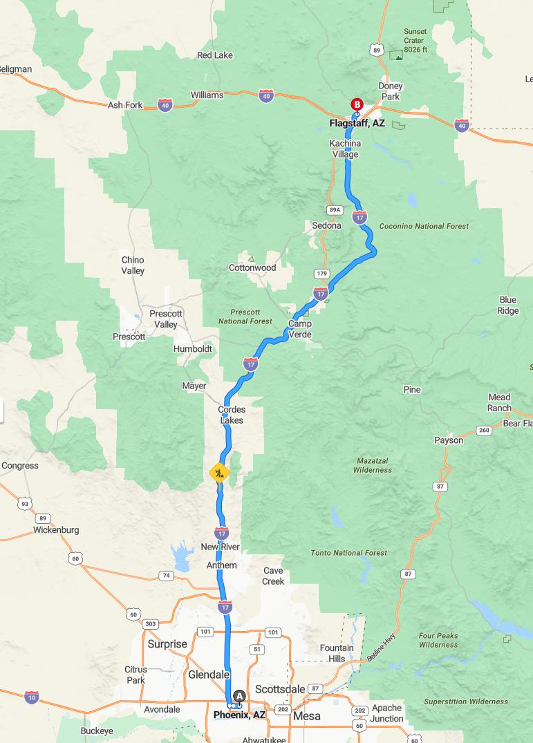 driving from Phoenix, Arizona to FlagstaffArizona - map and route