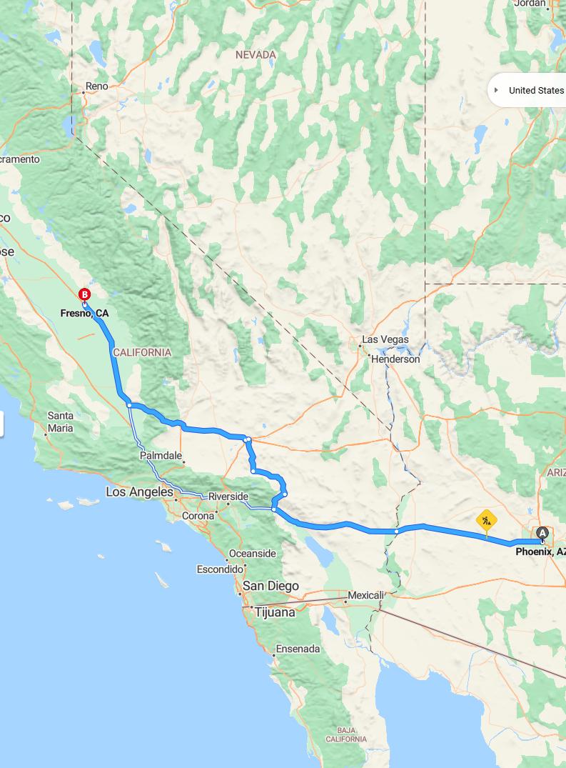 driving from Phoenix, Arizona to FresnoCalifornia - map and route