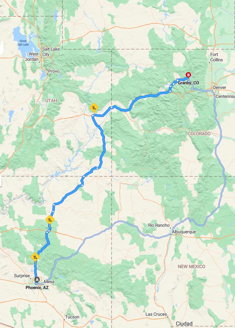 driving from Phoenix, Arizona to GranbyColorado - map and route