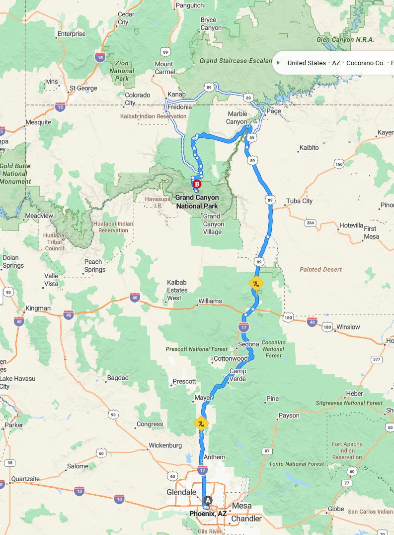 driving from Phoenix, Arizona to Grand Canyon North RimArizona - map and route