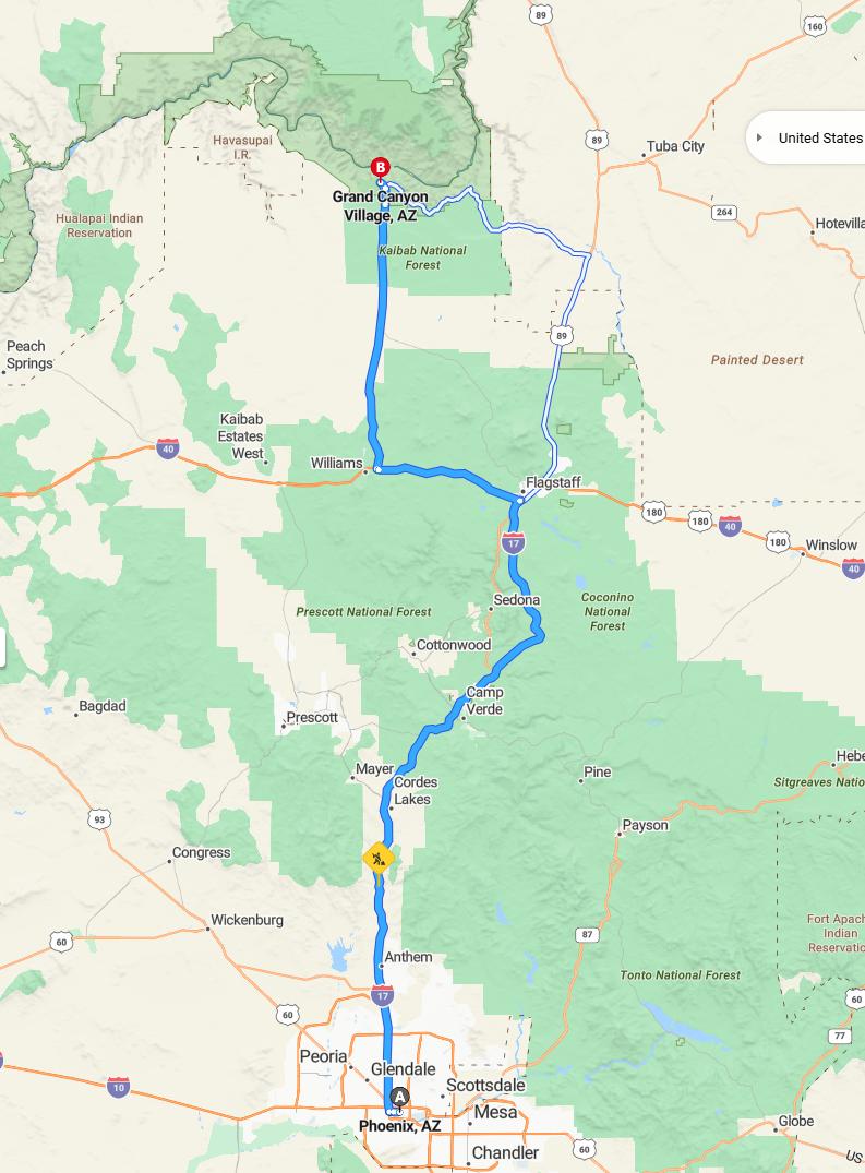 driving from Phoenix, Arizona to Grand Canyon VillageArizona - map and route