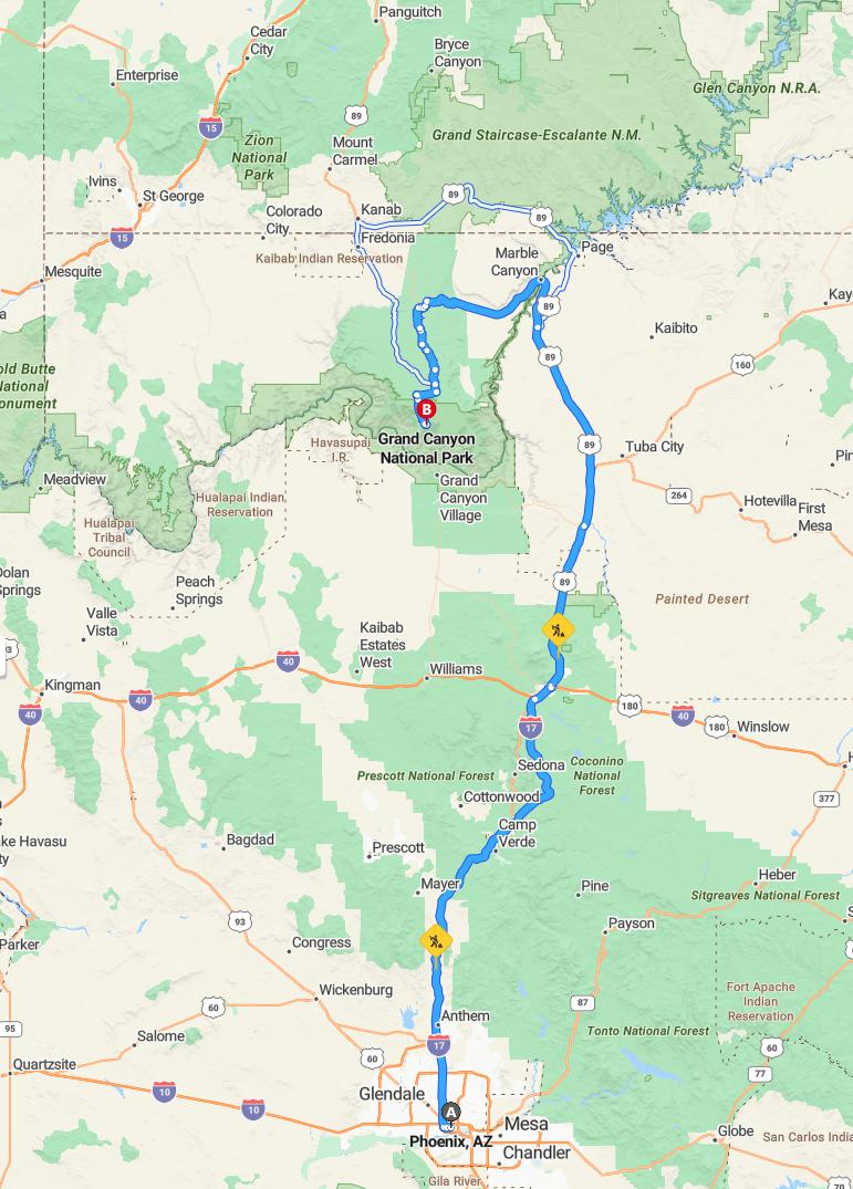 driving from Phoenix, Arizona to Grand CanyonArizona - map and route