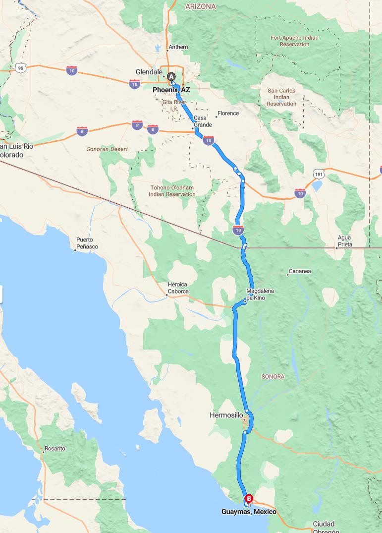 driving from Phoenix, Arizona to GuaymasSonora - map and route