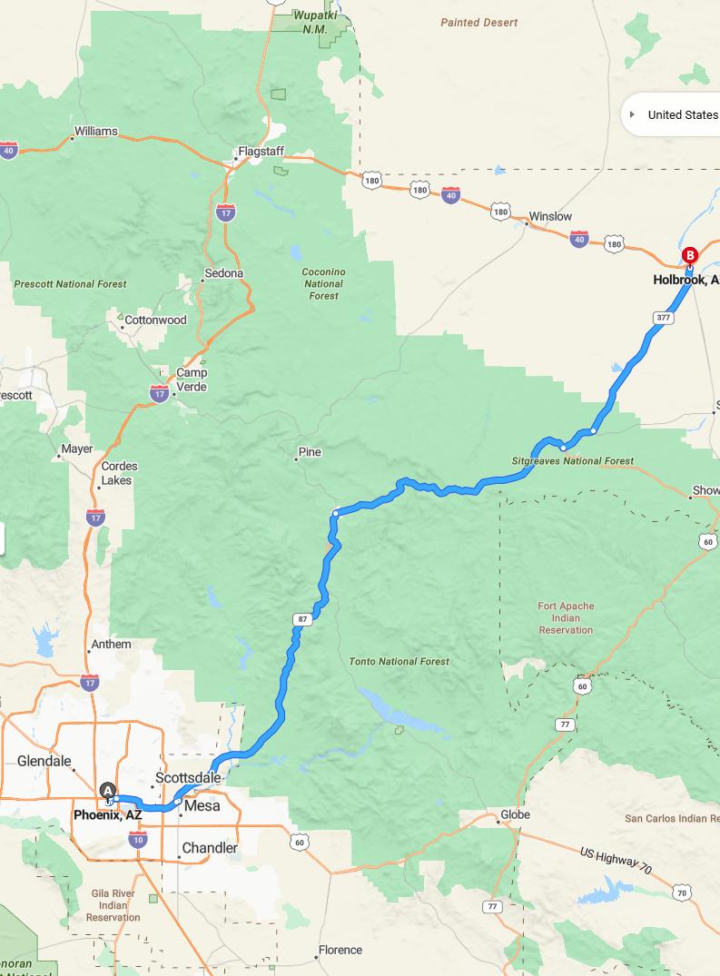 driving from Phoenix, Arizona to HolbrookArizona - map and route