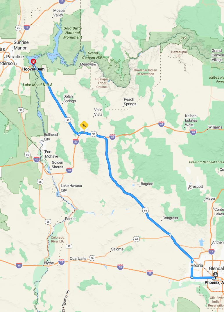 driving from Phoenix, Arizona to Hoover DamNevada - map and route