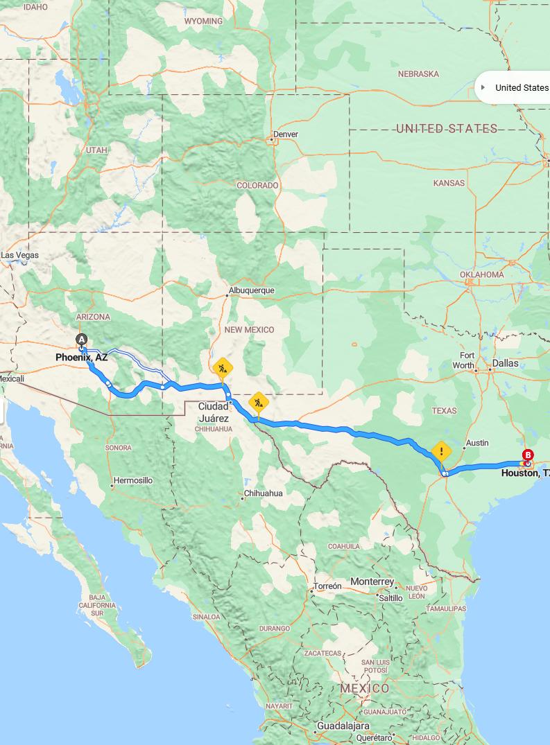driving from Phoenix, Arizona to HoustonTexas - map and route