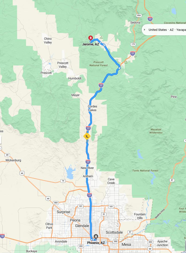 driving from Phoenix, Arizona to JeromeArizona - map and route