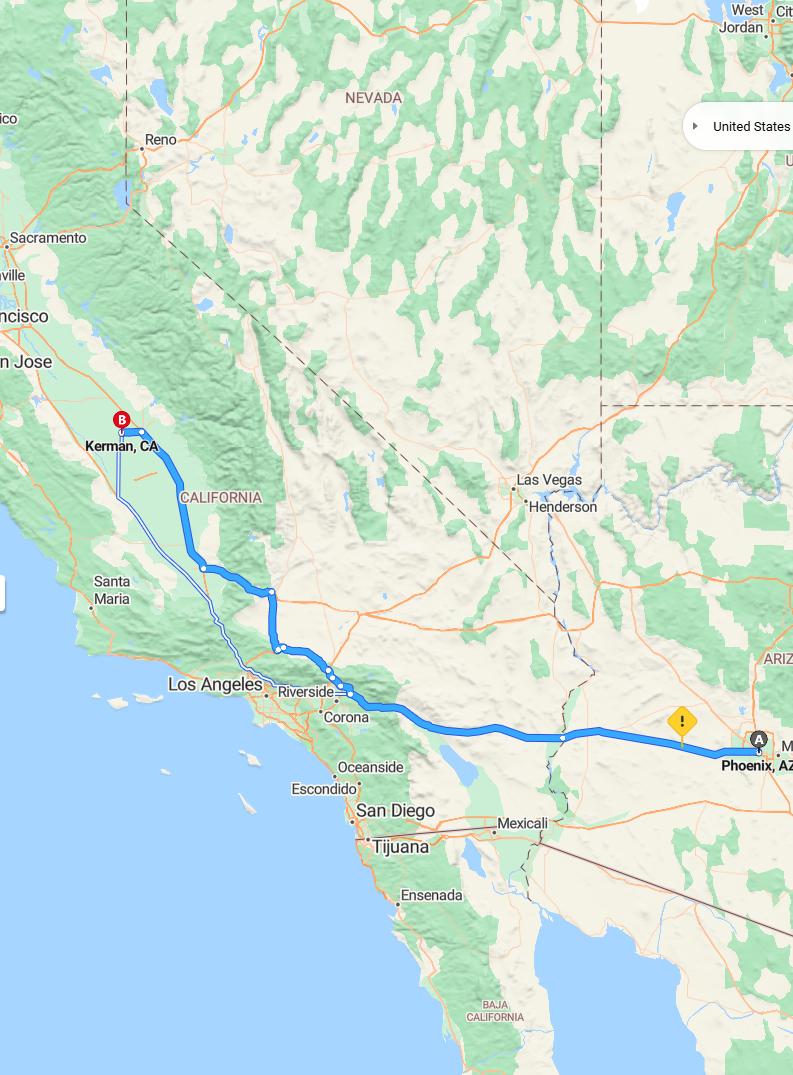 driving from Phoenix, Arizona to KermanCalifornia - map and route