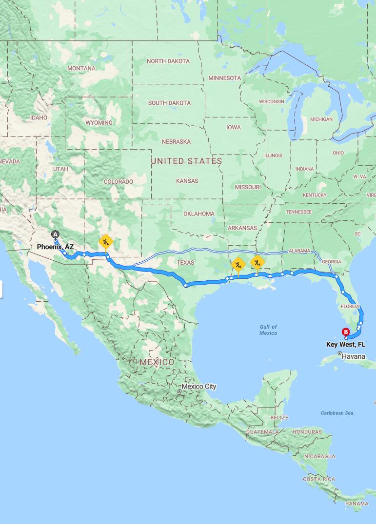 driving from Phoenix, Arizona to Key WestFlorida - map and route