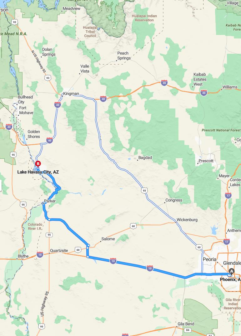 driving from Phoenix, Arizona to Lake Havasu CityArizona - map and route