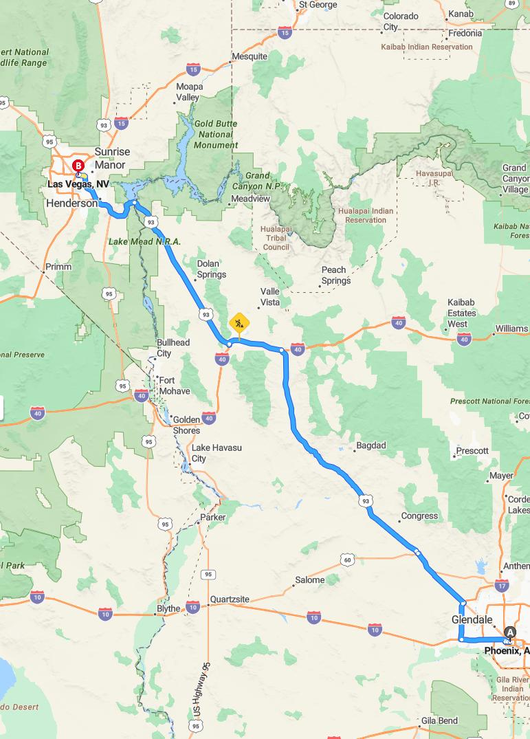 driving from Phoenix, Arizona to Las VegasNevada - map and route