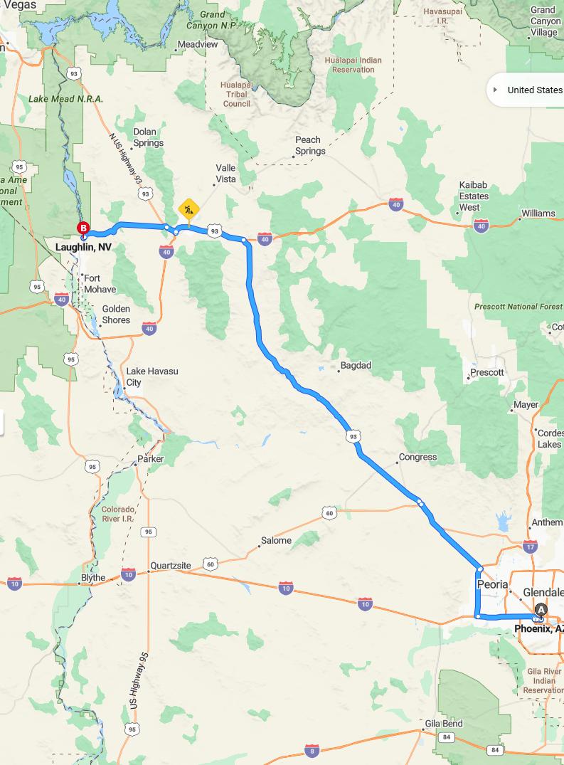 driving from Phoenix, Arizona to LaughlinNevada - map and route