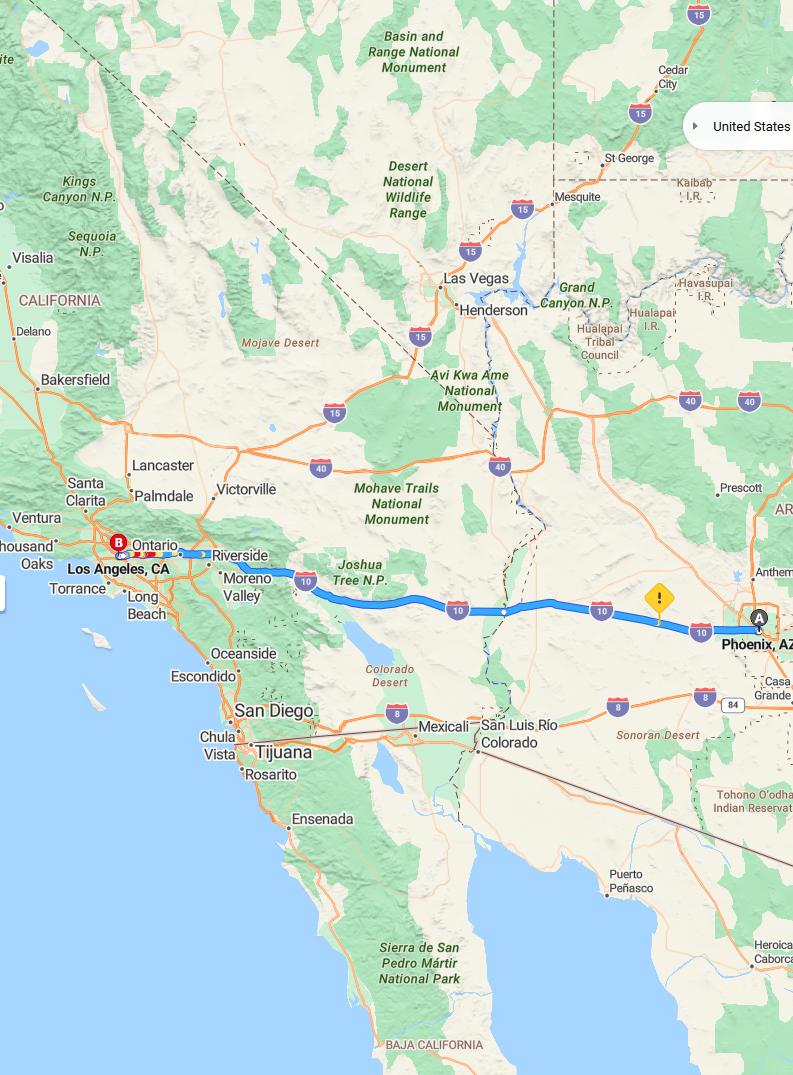 driving from Phoenix, Arizona to Los AngelesCalifornia - map and route