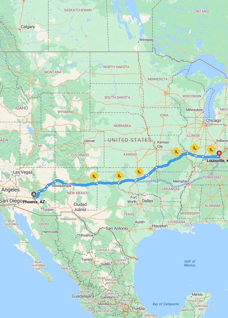 driving from Phoenix, Arizona to LouisvilleKentucky - map and route