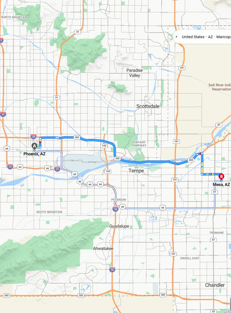 driving from Phoenix, Arizona to MesaArizona - map and route