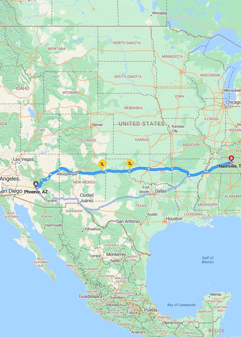 driving from Phoenix, Arizona to NashvilleTennessee - map and route