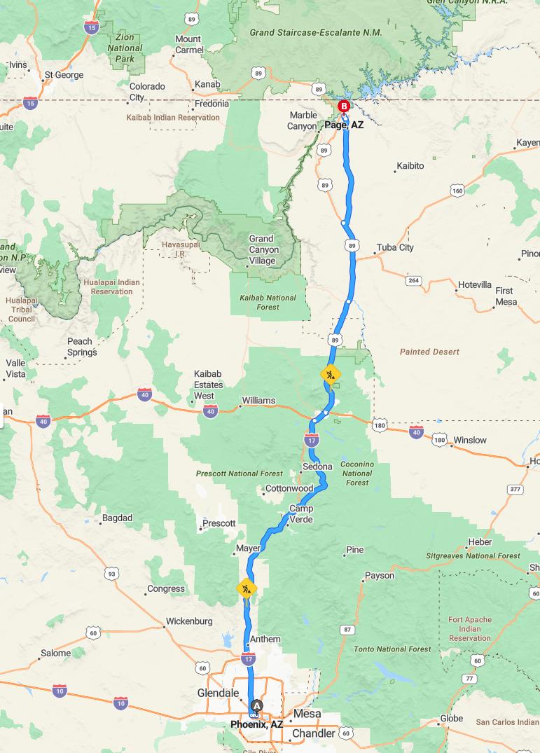driving from Phoenix, Arizona to PageArizona - map and route