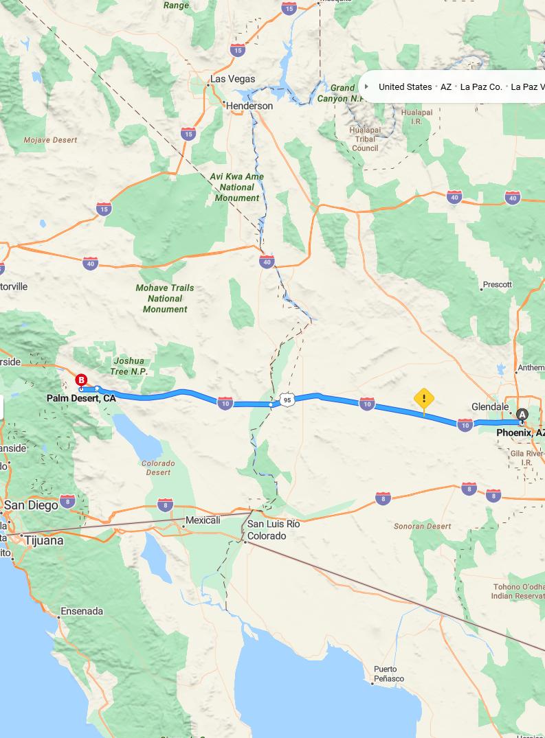 driving from Phoenix, Arizona to Palm DesertCalifornia - map and route