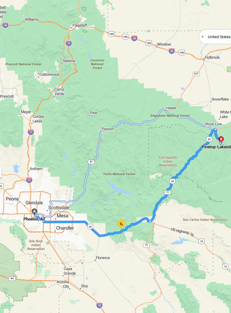 driving from Phoenix, Arizona to PinetopArizona - map and route