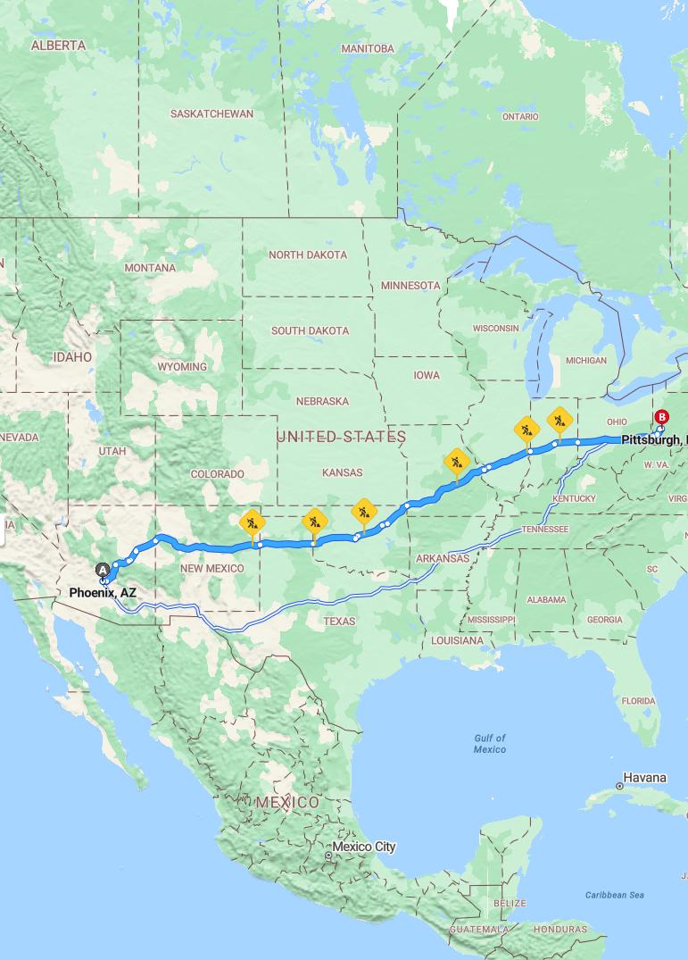 driving from Phoenix, Arizona to PittsburghPennsylvania - map and route