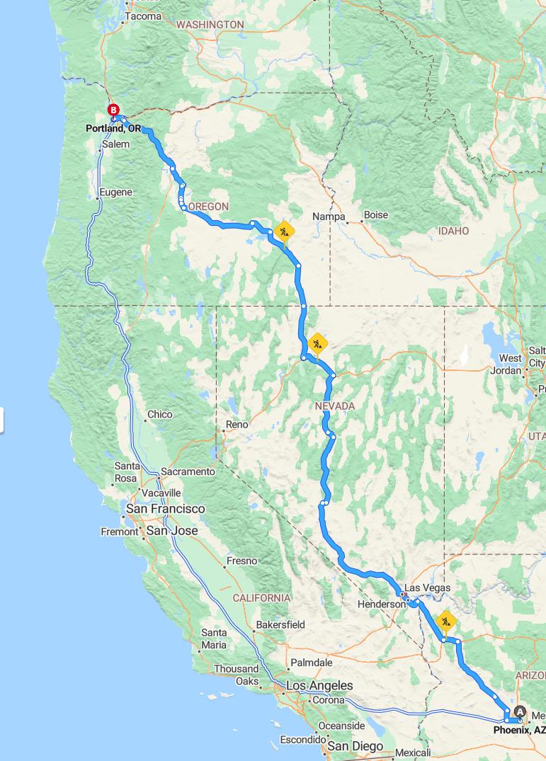 driving from Phoenix, Arizona to PortlandOregon - map and route