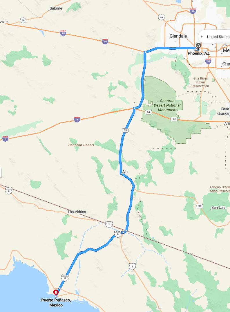 driving from Phoenix, Arizona to Puerto PenascoSonora - map and route