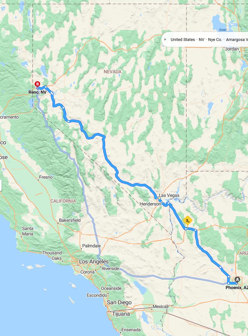 driving from Phoenix, Arizona to RenoNevada - map and route