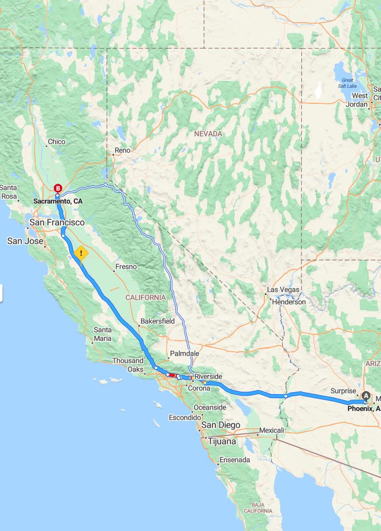 driving from Phoenix, Arizona to SacramentoCalifornia - map and route