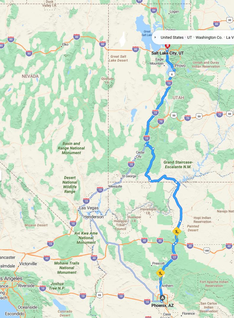 driving from Phoenix, Arizona to Salt Lake CityUtah - map and route