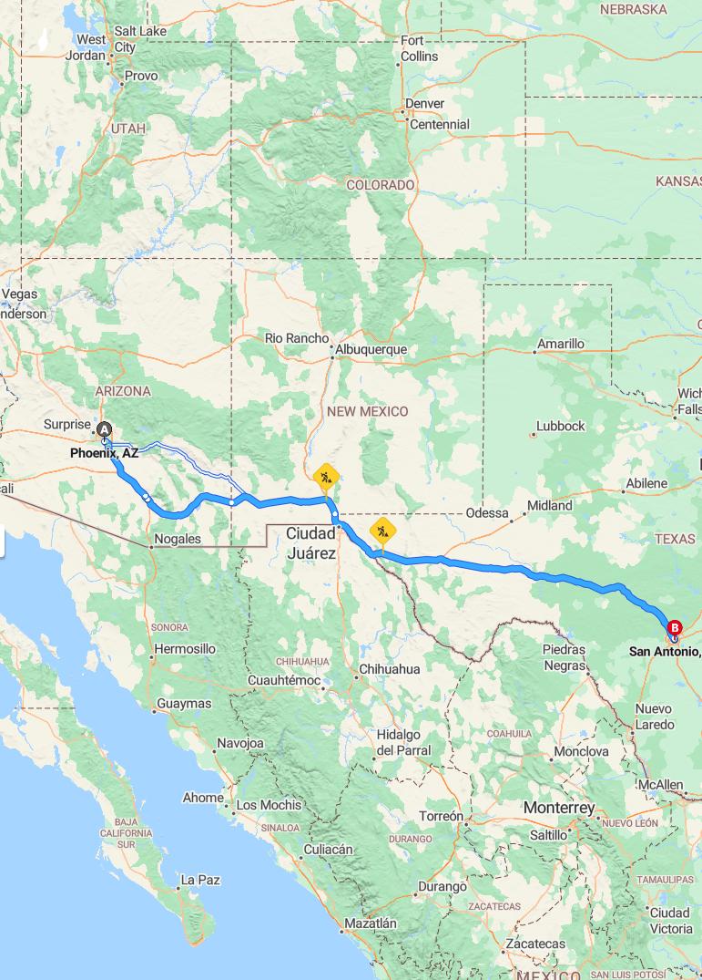 driving from Phoenix, Arizona to San AntonioTexas - map and route