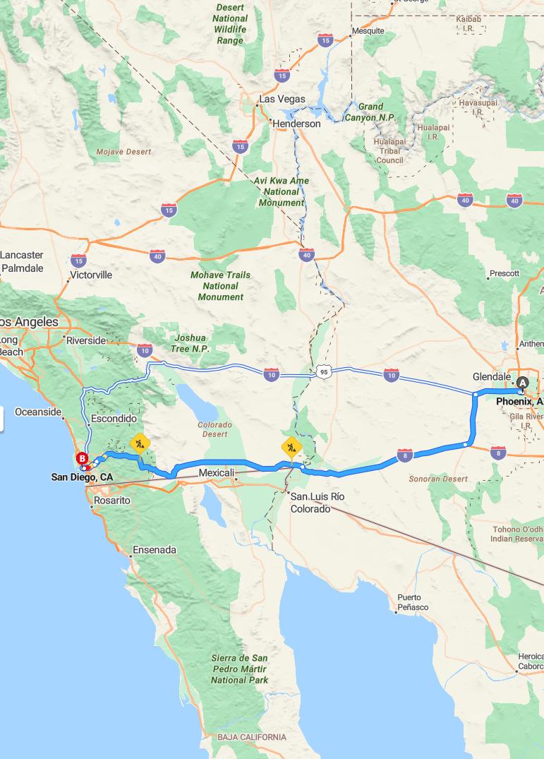 driving from Phoenix, Arizona to San DiegoCalifornia - map and route