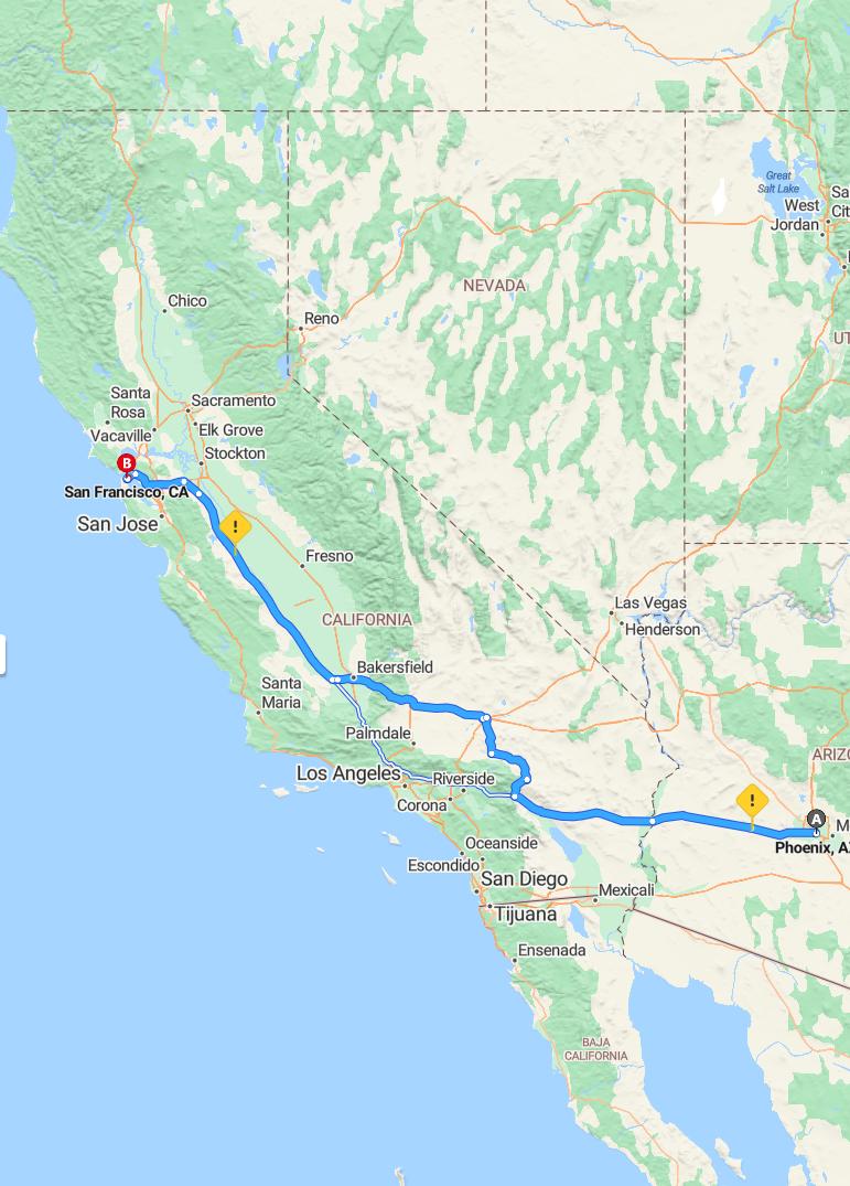 driving from Phoenix, Arizona to San FranciscoCalifornia - map and route