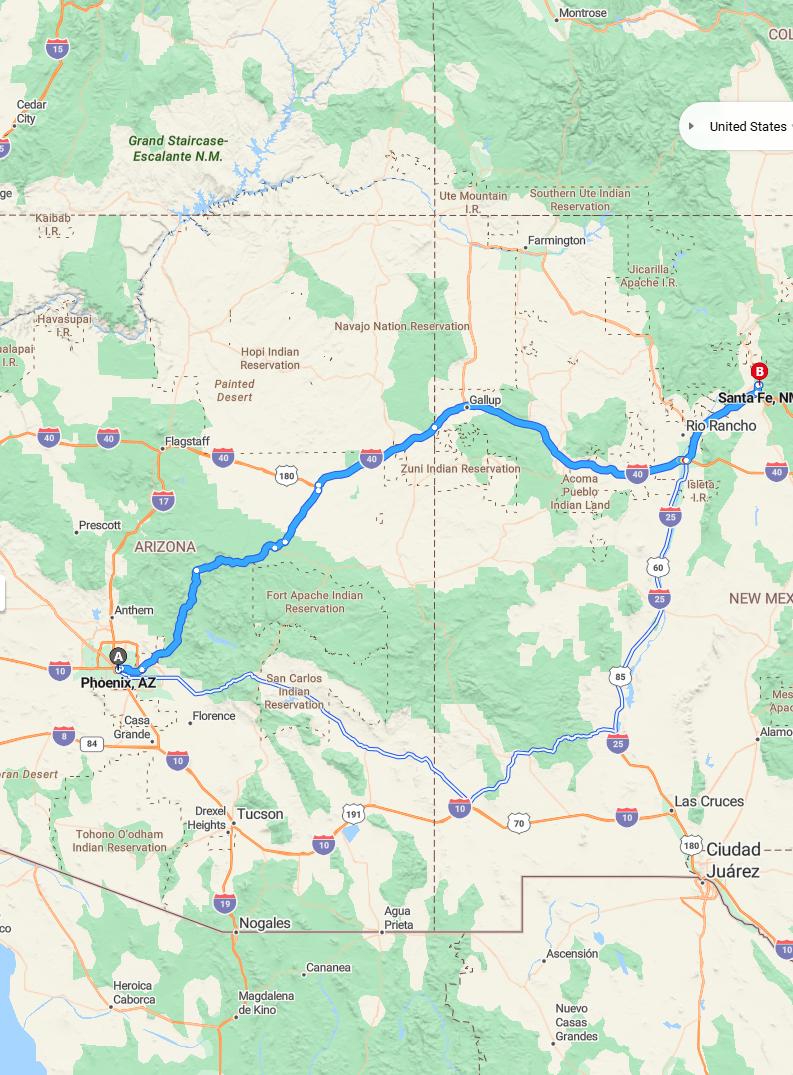 driving from Phoenix, Arizona to Santa FeNew Mexico - map and route