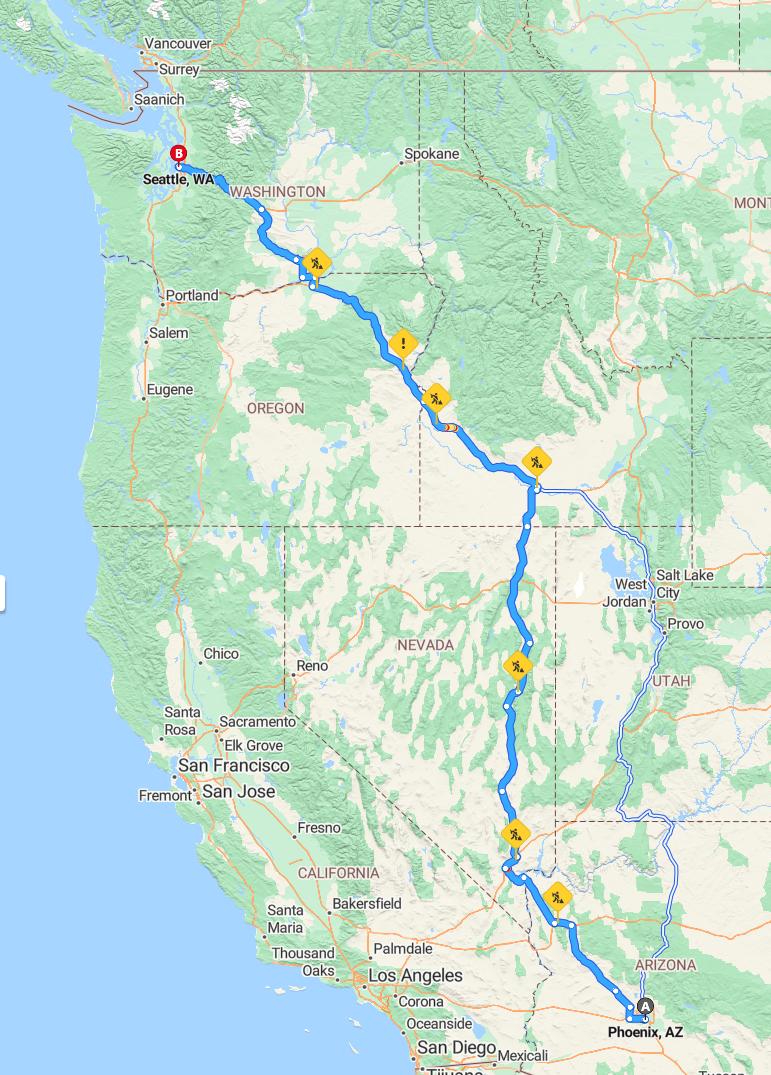 driving from Phoenix, Arizona to SeattleWashington - map and route