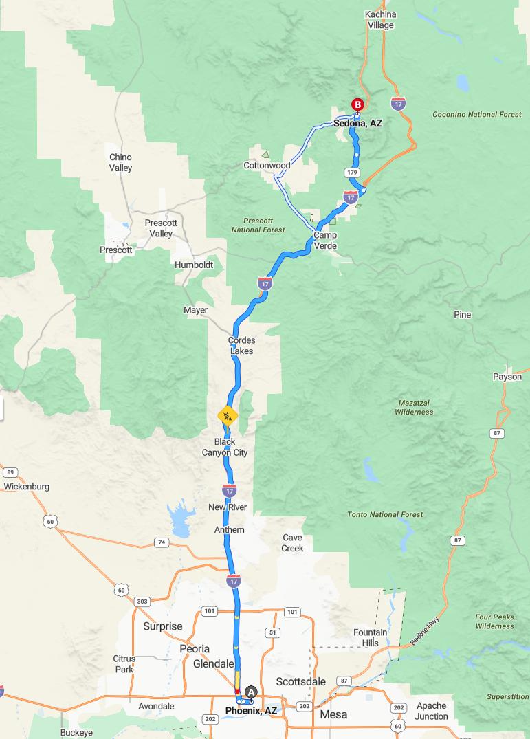 driving from Phoenix, Arizona to SedonaArizona - map and route