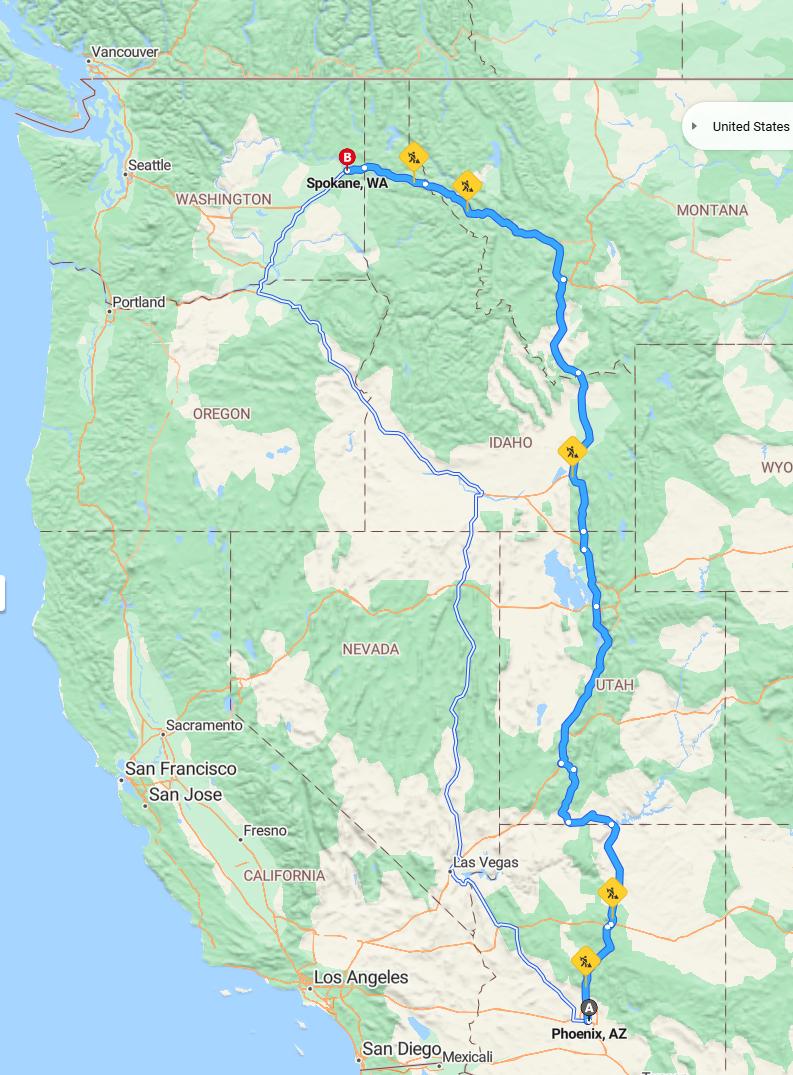 driving from Phoenix, Arizona to SpokaneWashington - map and route
